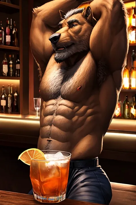 Muscular elderly man(furry) enjoying a drink at a lively bar, cg realistic, realistic, no shirt, arm raised behind head