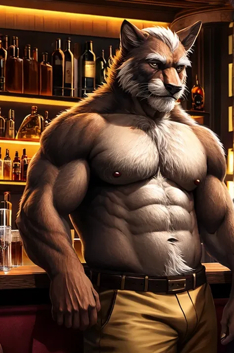 Muscular elderly man(furry) enjoying a drink at a lively bar, cg realistic, realistic, no shirt