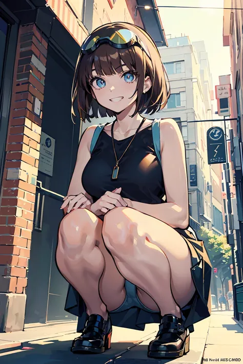 (1 personのドワーフの女の子), (1 person), Hold your knees, (super high quality), masterpiece, Wear goggles on your head, (Brown Hair Color), (Colorful colors), casual scene, she wears fashionable clothes, engineer, Street atmosphere, Perfect body, (E Cup:1.2), Grin...