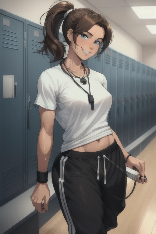 masterpiece, best quality, 1girl, portrait, 37 year old woman, short brown hair, ponytail styled hair, blue eyes, ((Wearing: White Gym T-shirt, Black Gym sweat pants, whistle necklace and black tennis shoes)), smile, indoors, locker rooms
