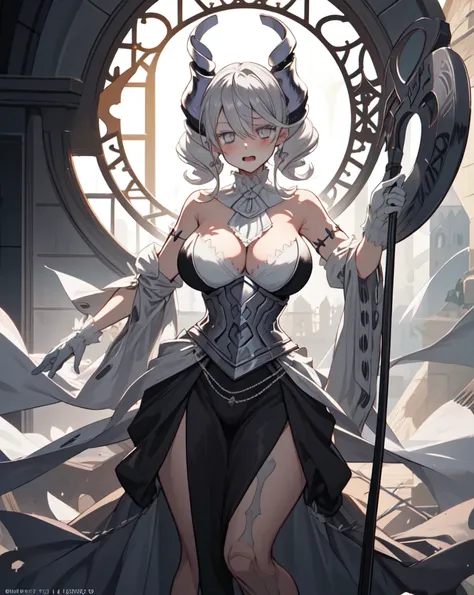 One girl, labrynth, Silver Hair, Grey Eyes, big breasts, horn, Cleavage, silver castle, Exquisite, blush, Nervous,Cowboy Shot, ,High quality generation of dark female characters, Unreasonable,Her figure is terribly beautiful, Emphasizing the dark and crazy...