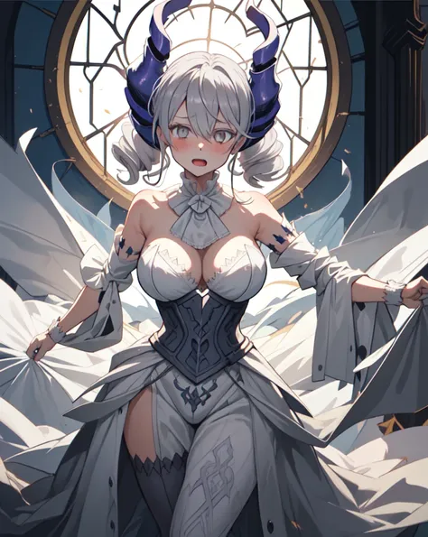 One girl, labrynth, Silver Hair, Grey Eyes, big breasts, horn, Cleavage, silver castle, Exquisite, blush, Nervous,Cowboy Shot, ,High quality generation of dark female characters, Unreasonable,Her figure is terribly beautiful, Emphasizing the dark and crazy...