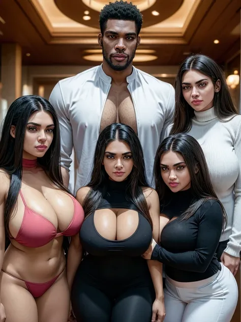  one tall single muscular black man in-center of composition, three adult women with beautiful highly detailed faces are wearing white turtleneck-shirts and white yoga-pants (the adult women express desire) (the adult women surround the tall singular black...