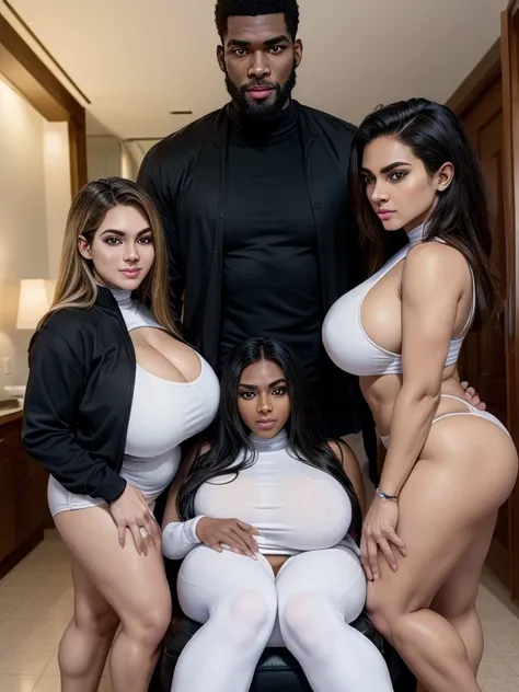  one tall single muscular black man in-center of composition, three adult women with beautiful highly detailed faces are wearing white turtleneck-shirts and white yoga-pants (the adult women express desire) (the adult women surround the tall singular black...