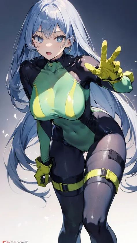 nejirehadu, nejire wave, blue eyes, blue hair, long hair,
壊す blue bodysuits, bodysuits, drill hair, gloves, green bodysuits, mul...