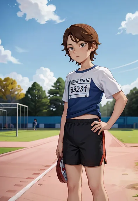 Masterpiece, high resolution, high quality, intricate details, full body portrait, front view, 1boy, solo, 13 years old boy, teenage male, short brown hair, looking at viewer, worried and uneasy expression, ((Wearing: White Gym T-shirt, Black Gym shorts, a...