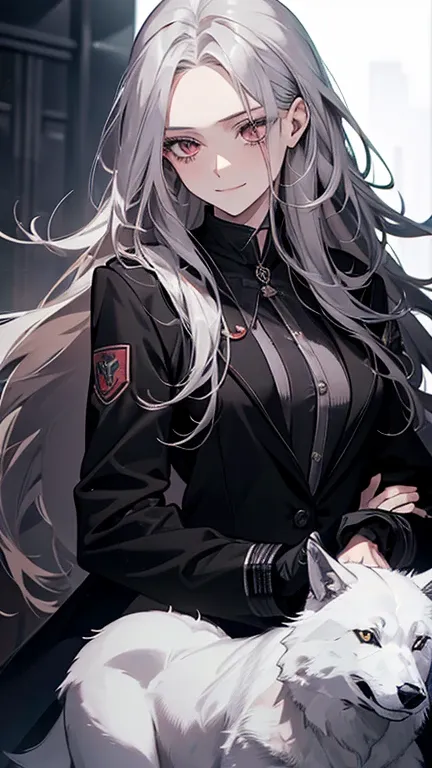 (Confused, High resolution, Very detailed), 1 female, Silver Hair,Long Hair,Reddish brown eyes,black pilot jacket,Black and white suit,20th Generation,Beautiful woman,A shy smile,thin,Are thin,quiet,Calm,Carrying the Wolf,With the wolf,