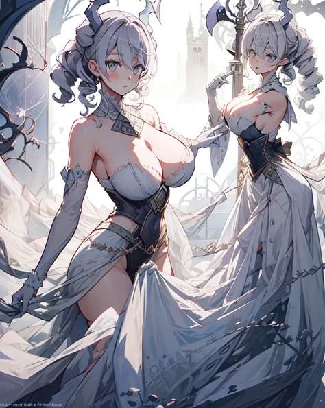 One girl, labrynth, Silver Hair, Grey Eyes, big breasts, horn, Cleavage, silver castle, Exquisite, blush, Nervous,Cowboy Shot, ,High quality generation of dark female characters, Unreasonable,Her figure is terribly beautiful, Emphasizing the dark and crazy...