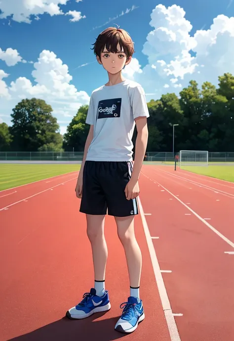 Masterpiece, high resolution, high quality, intricate details, full body portrait, front view, 1boy, solo, 14 years old boy, teenage male, short brown hair, looking at viewer, worried and uneasy expression, ((Wearing: White Gym T-shirt, Black Gym shorts, a...