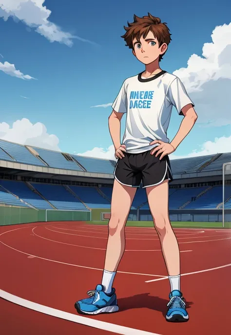 Masterpiece, high resolution, high quality, intricate details, full body portrait, front view, 1boy, solo, 14 years old boy, teenage male, short brown hair, looking at viewer, worried and uneasy expression, ((Wearing: White Gym T-shirt, Black Gym shorts, a...