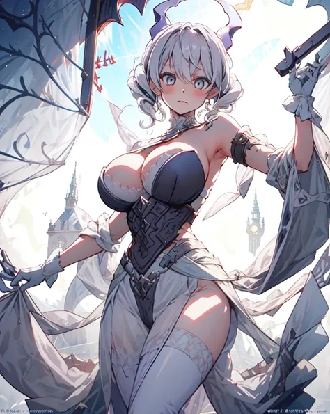 One girl, labrynth, Silver Hair, Grey Eyes, big breasts, horn, Cleavage, silver castle, Exquisite, blush, Nervous,Cowboy Shot, ,High quality generation of dark female characters, Unreasonable,Her figure is terribly beautiful, Emphasizing the dark and crazy...