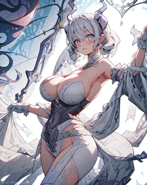 One girl, labrynth, Silver Hair, Grey Eyes, big breasts, horn, Cleavage, silver castle, Exquisite, blush, Nervous,Cowboy Shot, ,High quality generation of dark female characters, Unreasonable,Her figure is terribly beautiful, Emphasizing the dark and crazy...