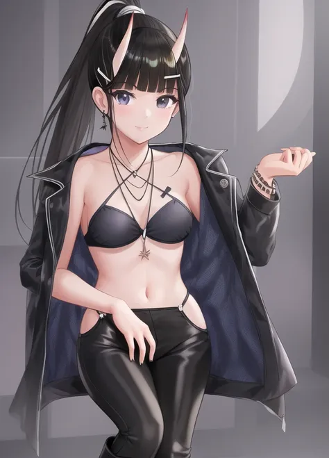 1girl, city,BREAK
zozo-nosiro,oni horns,black hair,black eyes, long hair, ponytail, black bikini,black jacket, boots, bracelet,black enamel pants,pendant,  BREAK smile,sitting, 
BREAK, (dark light:1.2),(hyper extreme detailed),(masterpeace:0.5),(hyper extr...