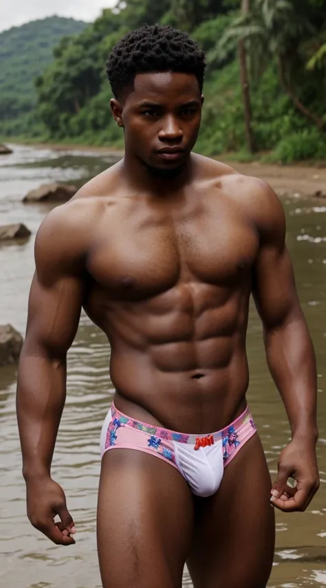  African-American gay thug, holding hands, shirtless,. Deep v-shaped short mini floral spandex tiny hot underwear, by an African village wide river, village water party, its raining on him, hes soaked from the rain