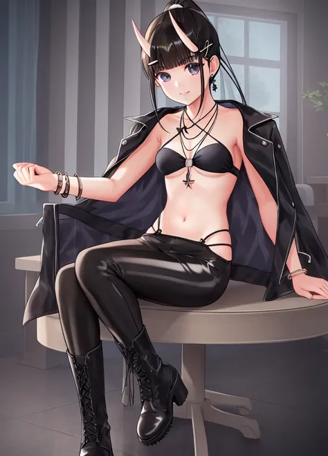 1girl, city,BREAK zozo-nosiro,oni horns,black hair,black eyes, long hair, ponytail, black bikini,black jacket, boots, bracelet,black enamel pants,pendant, BREAK smile,sitting, BREAK, (dark light:1.2),(hyper extreme detailed),(masterpeace:0.5),(hyper extrem...