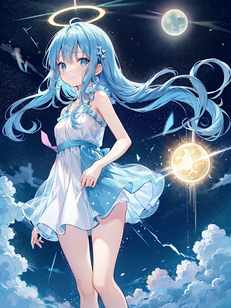 anime movie style thick outline,ultra detailed face,
halo,saint beam,saint shine star,
chou kawaii shota,light blue hair,loose long hair,
shota wearing light_blue see-though Tulle camisole dress,smile,in heaven,sparkling holy wind,
sun,moon,comet,