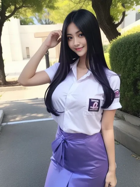 1girl, hyuga hinata in anime naruto, long hair, dark blue hair, white eyes, smile, beautiful, purple and white clothes, very big breast, realistic clothes, detail clothes, outdoor background, ultra detail, realistic,full body shot