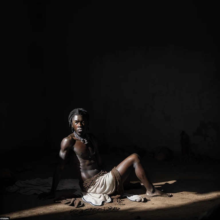 (Best quality, High resolution, Ultra-detailed: 1.0), Dramatic lighting: 0.8, Photo series of African slaves during the trade era, Historical significance, (Worn, torn clothes), Sad, Expressionless faces, Dusty, Textured skin, Scarred bodies, Chained arms,...