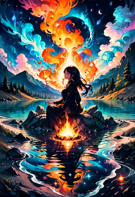 1girl, Campfire, aesthetic, (A beautiful sky, silhouette of a campfire, roaring fire, tent, on the shore by reflective crystal clear water, silhouettes of trees mountains, valleys, reflective clear water), hyperdetailed, color gradient, deep color, complem...