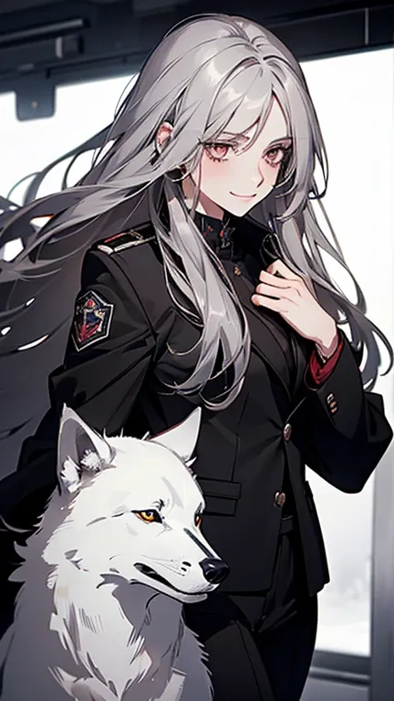 (Confused, High resolution, Very detailed), 1 female, Silver Hair,Long Hair,Reddish brown eyes,black pilot jacket,Black and white suit,20th Generation,Beautiful woman,A shy smile,thin,Are thin,quiet,Calm,Carrying the Wolf,With the wolf,