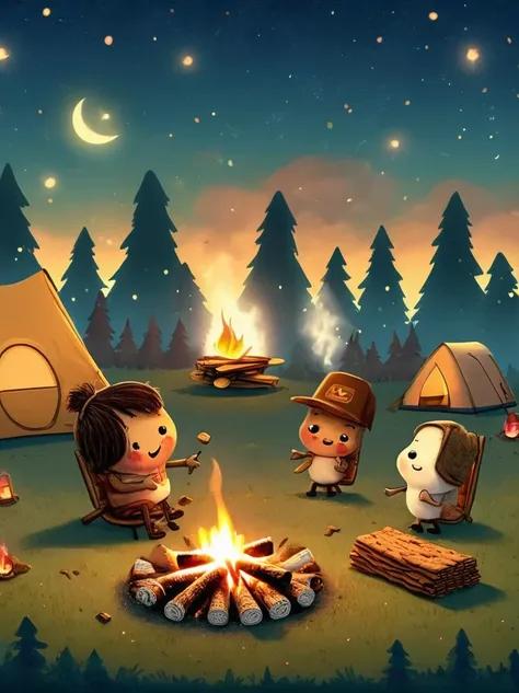 a vibrant, animated scene set in a camping ground under a star-studded night sky. in the middle of the site, there is a glowing ...