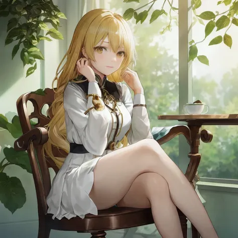 anime girl sitting on a chair in front of a window, blonde anime girl with long hair, cushart krenz key art feminine, smooth anime cg art, fine details. girls frontline, from girls frontline, seductive anime girl, cute anime waifu in a nice dress, royal el...