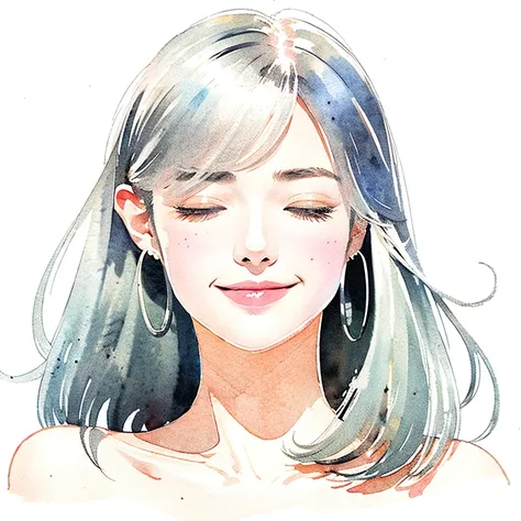 Watercolor style woman、White background、bye bye、gesture、close one eye、Wink、smile、Straight Hair、Watercolor style face