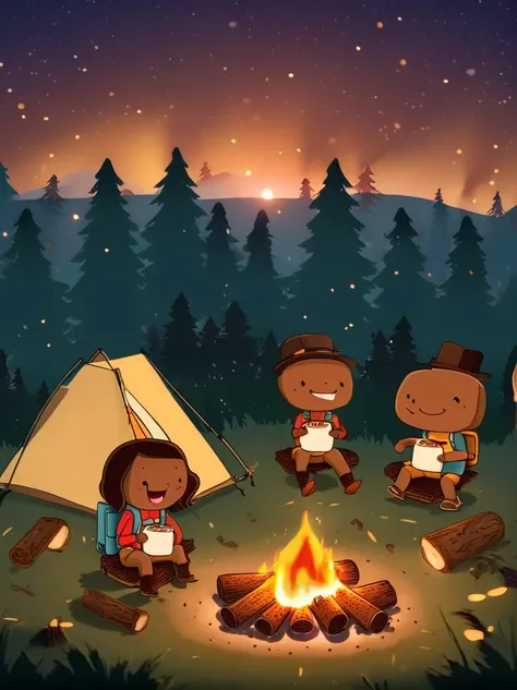 A vibrant, animated scene set in a camping ground under a star-studded night sky. In the middle of the site, there is a glowing bonfire with logs sitting in a stack nearby. Dancing around this fire are adorable little characters that greatly resemble smore...