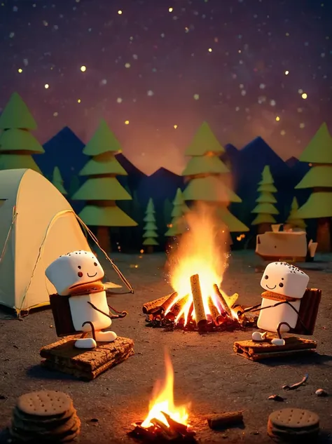 A vibrant, animated scene set in a camping ground under a star-studded night sky. In the middle of the site, there is a glowing bonfire with logs sitting in a stack nearby. Dancing around this fire are adorable little characters that greatly resemble smore...