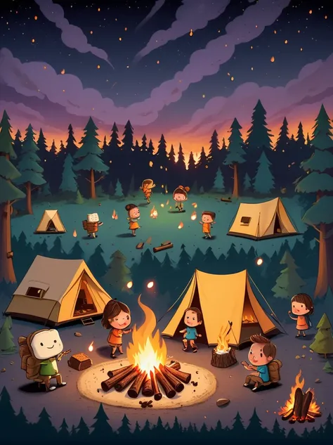 A vibrant, animated scene set in a camping ground under a star-studded night sky. In the middle of the site, there is a glowing bonfire with logs sitting in a stack nearby. Dancing around this fire are adorable little characters that greatly resemble smore...