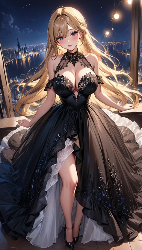 masterpiece:1.4,best-quality,Super Detail,Very Delicate and Beautiful, ( nsfw, 29 years old beautiful woman, orgasm, slut, pervert, blonde long hair ), very gigantic breasts, very slender, black ball gown, sheer ball gown, lace ball gown, see-through ball ...