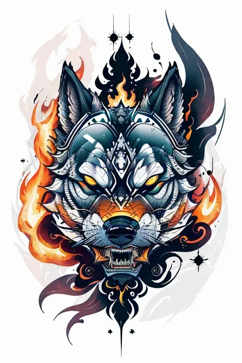 Fire Flame Effect Fine Tattooed White Background Rich in Color，The armored wolf opened his mouth and roared ，The special effects of demons, bunten Geistern und Feuern ergeben ein Logo，