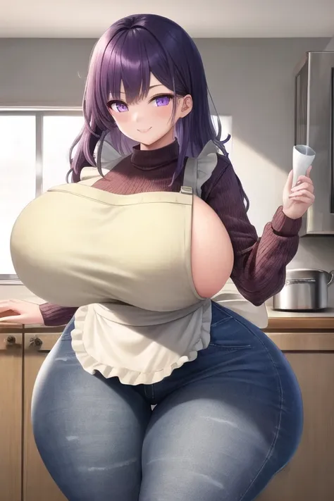 masterpiece, best quality, 1girl, purple hair, long hair, purple eyes, smile, cute, (jeans, sweater, apron:1.2), kitchen, (curvy, slim waist, big breasts, bursting breasts, bottomheavy, big ass, thick thighs, wide hips:1.1)
