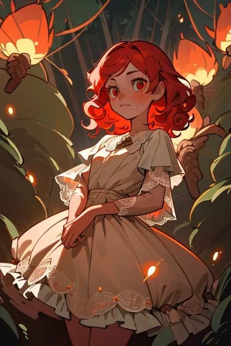 Best quality at best，tmasterpiece），1girll，Flashing fireflies，White lace dress，Rococo，The upper part of the body，forest backgrou，looking at viewert，Girl with red curly hair，flickering eyes，Take the pine cone，