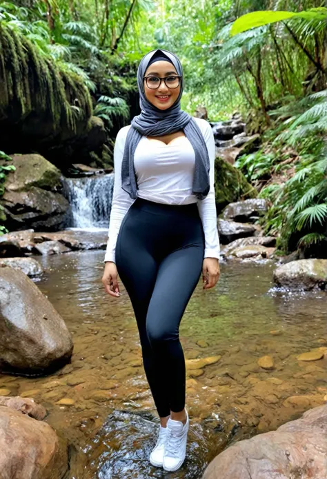 (iu:0.8),cleavage,ass, RAW, Best quality, high resolution, Masterpiece: 1.3, Beautiful glasses hijab,malaysian girl,on a forest trail crotchless, Masterpiece, Soft smile. sexy cloth,tight legging. forest mossy. waterfall. water splash. Leg stretch 