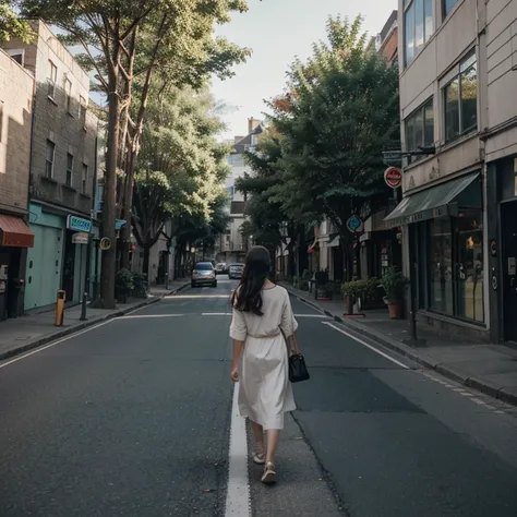 Make a woman walking down a street where cars pass on the right and there are trees.