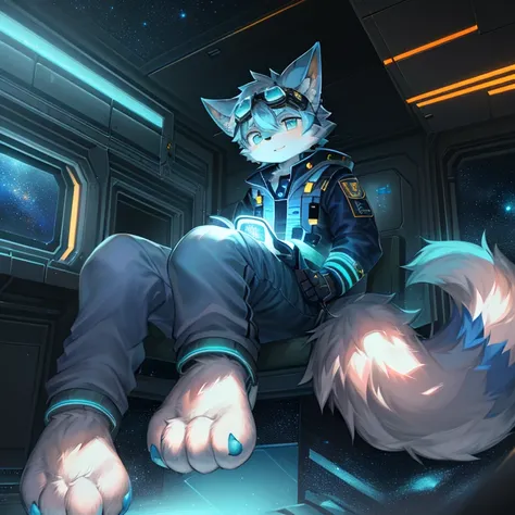 "(High quality sci-fi scenery and shadows，Ray Tracing，Particle Effects，8k resolution)，(Cat-eared Shota boy and oversized wolf tail+The ears are big and long)of(White luminous pants+皮毛是白色of+Yellow and blue luminous clothes)，Wearing futuristic sci-fi naval c...