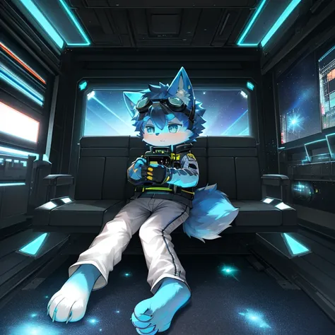 "(High quality sci-fi scenery and shadows，Ray Tracing，Particle Effects，8k resolution)，(Cat-eared Shota boy and oversized wolf tail+The ears are big and long)of(White luminous pants+皮毛是白色of+Yellow and blue luminous clothes)，Wearing futuristic sci-fi naval c...