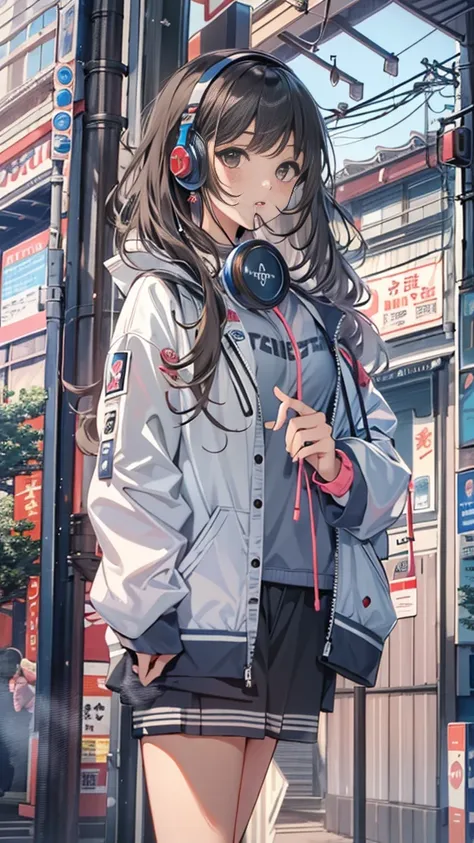 (masterpiece), (highest quality:1.4), (Ultra-high resolution:1.2),  Highly detailed background, (unity 8k wallpaper), Cute high school girl wearing headphones walking through the streets of Tokyo。Illustrations inspired by city pop culture、uniform、Wear loos...