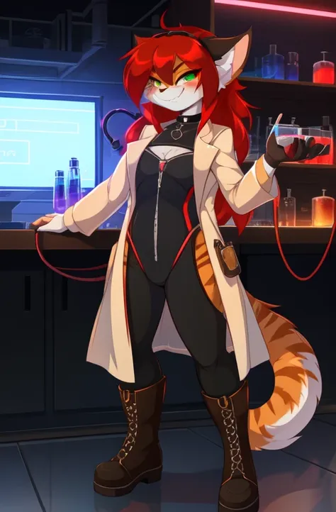 solo:1.3, cute orange anthro tabby cat female, orange tabby cat ears, long dark scarlet red hair, black nose, cute snout, green ...