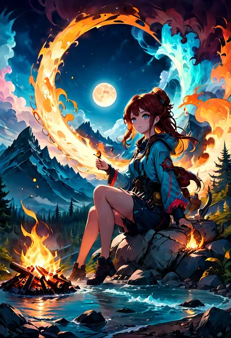 1girl, Campfire, aesthetic, Camping under a double moon, detailed matte painting, deep color, fantastical, intricate detail, splash screen, complementary colors, fantasy concept art, 8k resolution trending on Artstation Unreal Engine 5