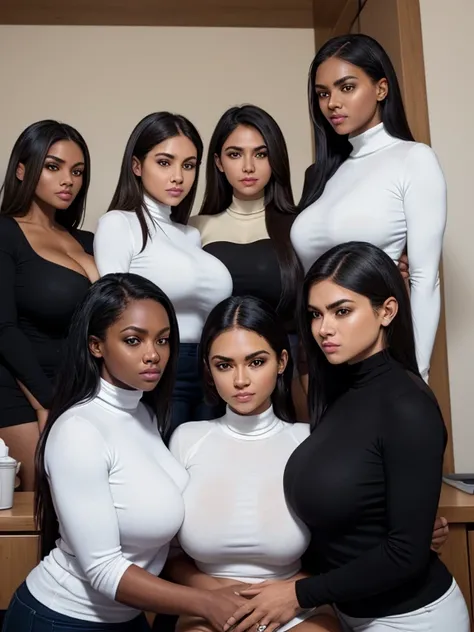  one tall single muscular black man in-center of composition, three adult women with beautiful highly detailed faces are wearing white turtleneck-shirts and white yoga-pants (the adult women express desire) (the adult women surround the tall singular black...