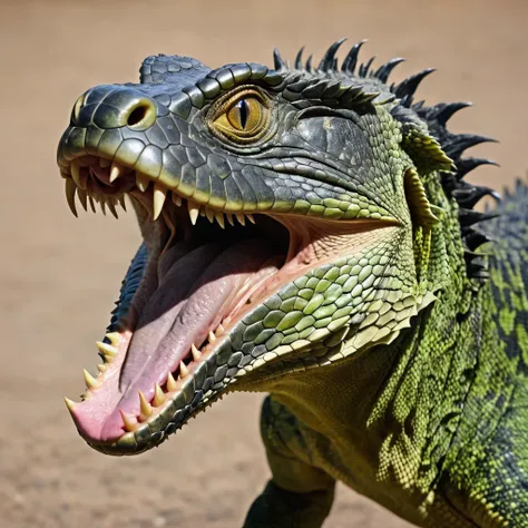 aggressive anthropomorphic reptile, open mouth, terrible expression of the muzzle, scaly skin