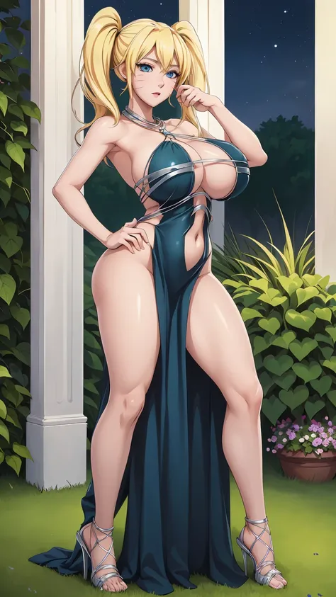 masterpiece, ultra high-quality, extremely detail 8k cg, high resolution, 1girl, narukouzumaki, twintails, wisker marks, blonde hair, blue eyes, perfect eyes, thin body, huge breasts, engorged-fc, veiny breasts, breast veins, veins, evening gown, halternec...