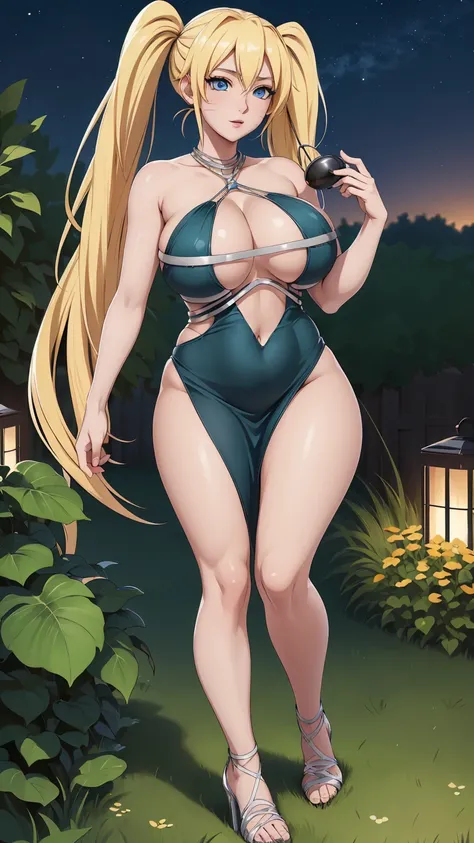 masterpiece, ultra high-quality, extremely detail 8k cg, high resolution, 1girl, narukouzumaki, twintails, wisker marks, blonde hair, blue eyes, perfect eyes, thin body, huge breasts, engorged-fc, veiny breasts, breast veins, veins, evening gown, halternec...