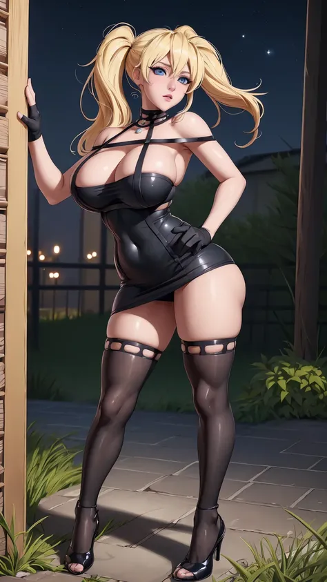 masterpiece, best quality, extremely detail 8k cg, high resolution, 1girl, narukouzumaki, twintails, wisker marks, blonde hair, blue eyes, perfect eyes, slim body, huge breasts, engorged-fc, veiny breasts, breast veins, veins, standing, black dress, black ...