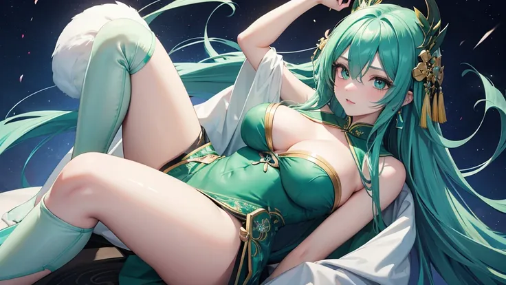 A girl with long blue hair covering one eye, emerald green eyes, and exposed breasts in a cheongsam