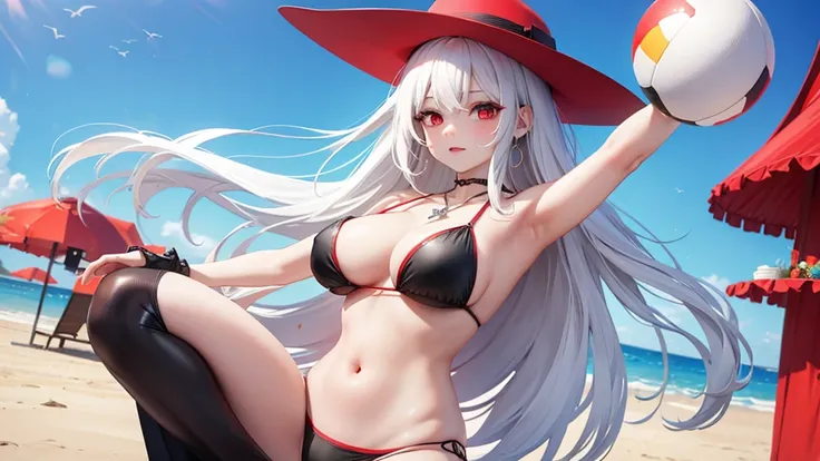 Long white hair, blood-red eyes, with a cross necklace, wearing a black and white bikini, beach, beach ball, female top pose