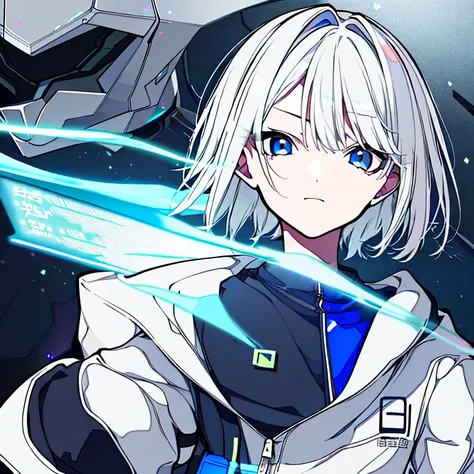 (1 girl，wavy short hair，white hair，blue eyes，long sleeves，sharp eyes) emotionless，portrait，(matrix theme:1.1) high-tech futuristic assassin，advanced technology，hoodie，techwear，wearable device