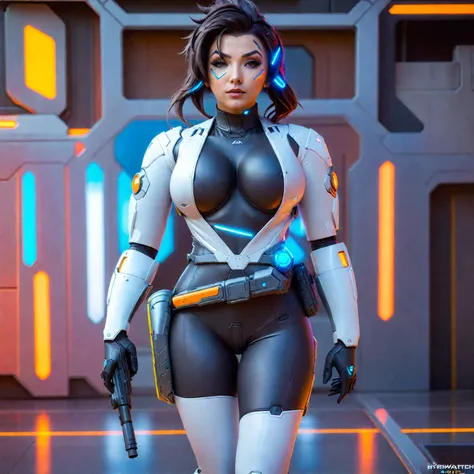 sexy woman in futuristic outfit posing with a gun in a futuristic setting, as overwatch character, as an overwatch character, oppai cyberpunk, loba andrade from apex legends, cyberpunk bodysuit, as a retro futuristic heroine, cyberpunk judy alvarez, symmet...